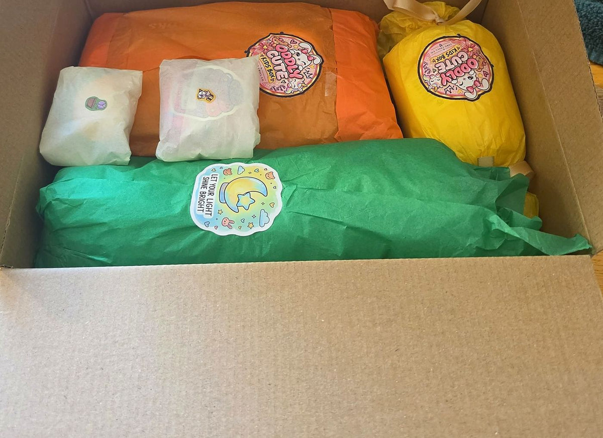 Oddly Cute Kids Mystery Box contents laid out